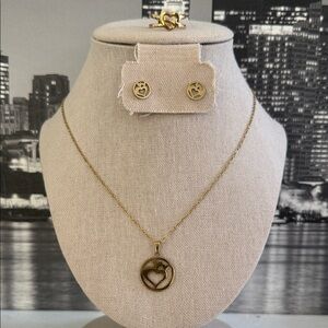 Stainless Steel Gold Heart Pendant Necklace and Earrings Set